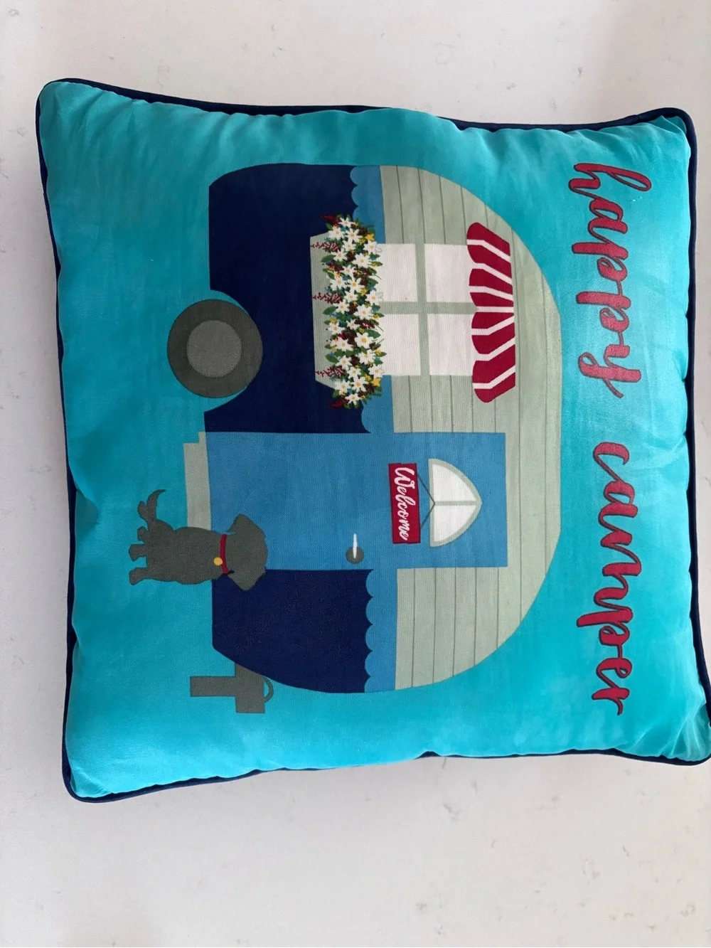 Happy Camper Decorative Pillow - Teal Blue